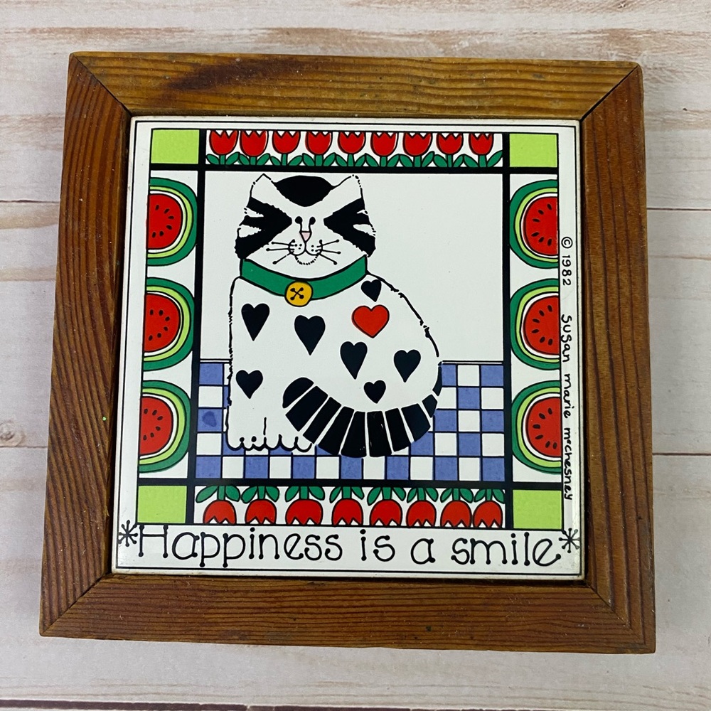 1982 Susan Marie McChesney KITTY CAT Tile Wood Trivet Wall Hanging Vtg 80s Decor